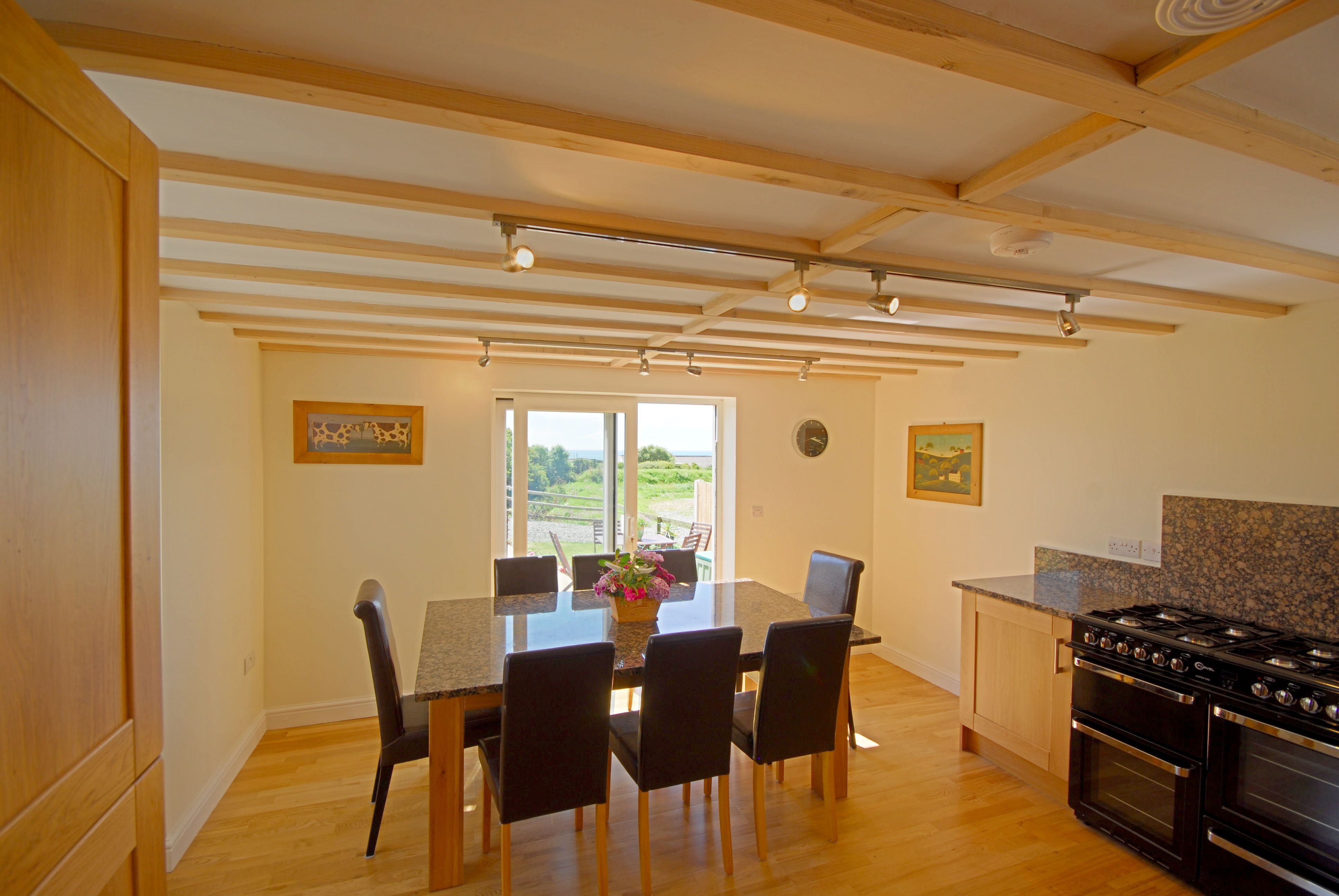 Large kitchen with sea views